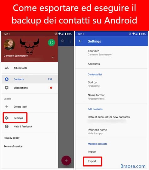 Esportare contatti, eseguirne il backup o il ripristino